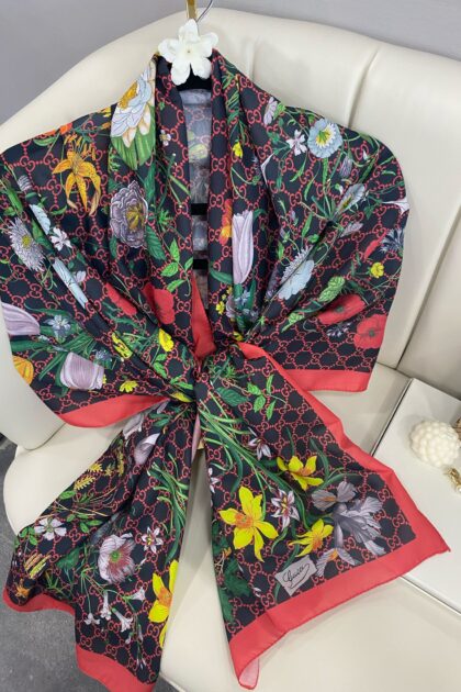 Çiçek Desen Pamuk Soft Şal 65355 - Siyah/Kırmızı