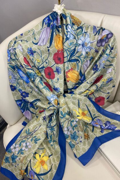 Gucci Çiçek Desen Pamuk Soft Şal 65355 - Bej/Mavi