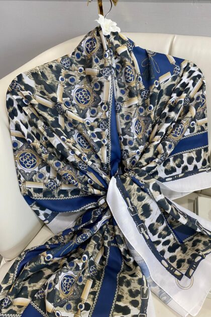 Hermes Leopar Pamuk Soft Şal 65329 - Lacivert