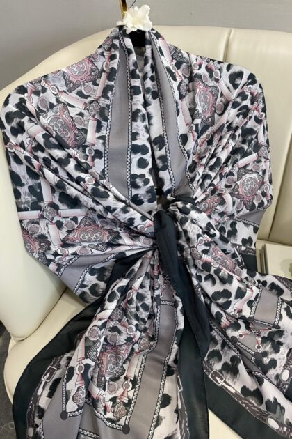 Hermes Leopar Pamuk Soft Şal 65329 - Siyah-Gri