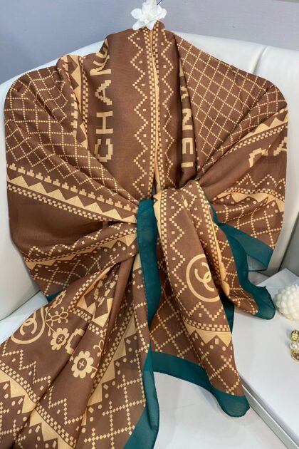 Chanel Çizgili Pamuk Soft Şal 51201 - Zümrüt Camel