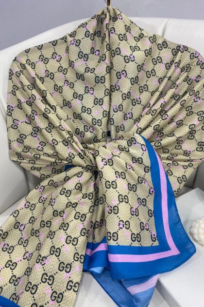 NEW GUCCİ Desen Pamuk İpek Şal-64750- Bebe Mavisi