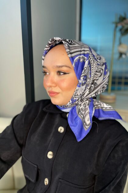 Retro Desen Pamuk Soft Eşarp 27092 - Saks