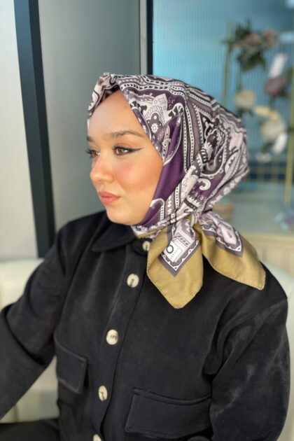 Retro Desen Pamuk Soft Eşarp 27092 - Mor-Camel