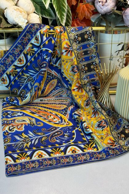 Etnik Etro Desen Pamuk Soft Şal- SAKS MAVİSİ