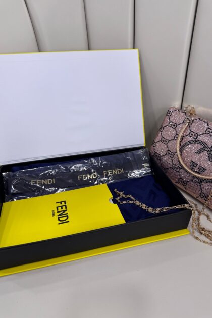 Fendi Tam Set Kutulu İthal Kaşmir İpek Şal - Lacivert