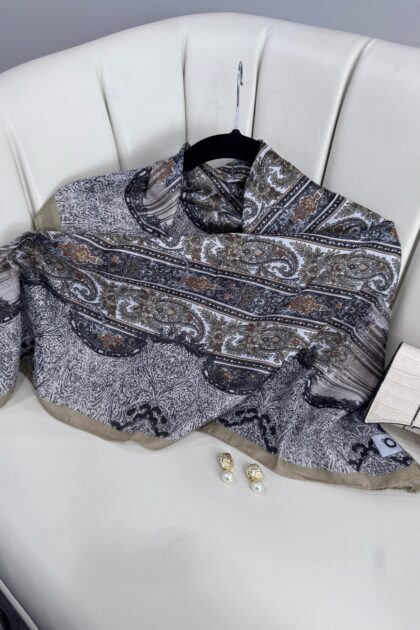 Retro Desen Pamuk İpeksi Eşarp -125698- Latte