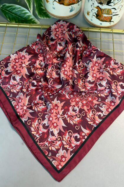 Mimoza Desen Vual İpek Eşarp-6203408-Vişne