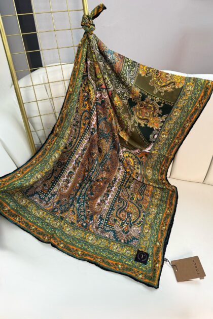Touch İthal Etnik Desen Yün İpek Şal-35110-Mint-Kiremit