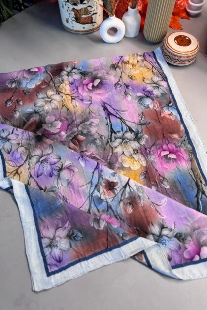 Flowers Kraş Desenli Şal - ŞL100234- Deniz Mavi