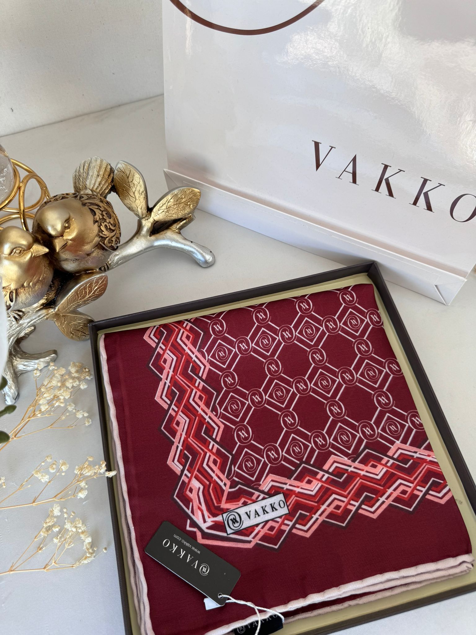 Vakko Şerit Desen Pamuk Soft Eşarp 14589 - Bordo