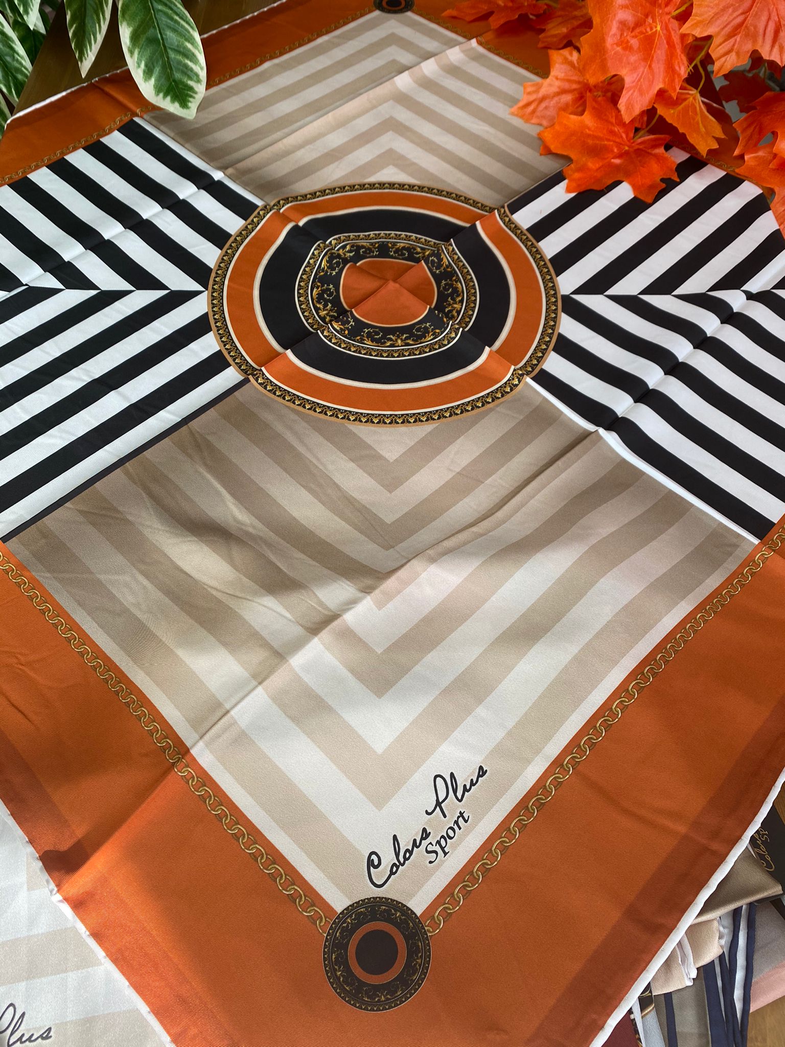 Colors Plus Marka Etnik Zincir Desen Twill Eşarp - Kiremit - Organic ScarfsOrganic Scarfs
