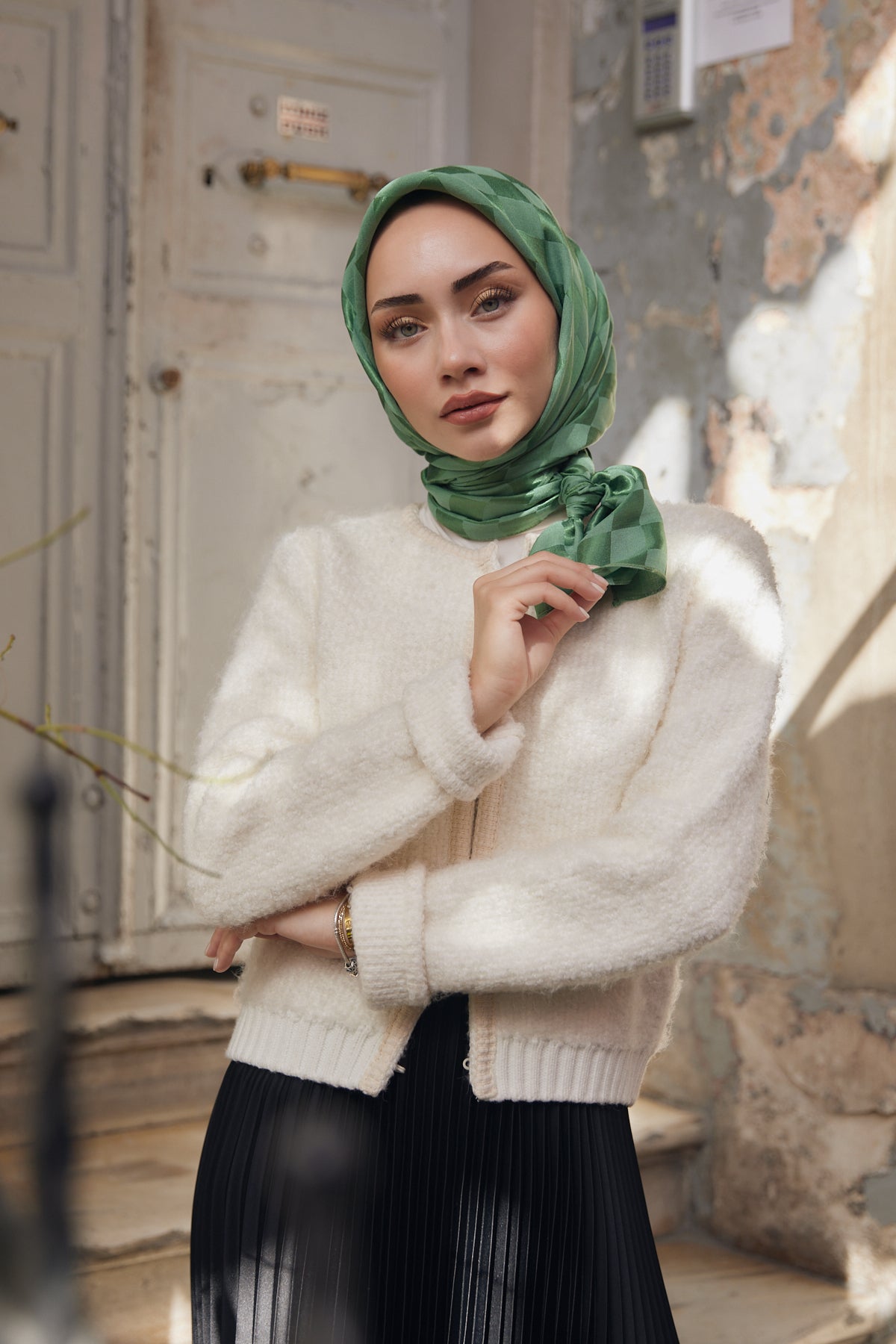Dama Desen Jakar Eşarp - Çay Ağacı - Organic ScarfsOrganic Scarfs