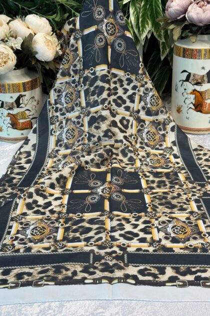 Hermes Leopar Pamuk Soft Şal 65329 - Siyah-Beyaz