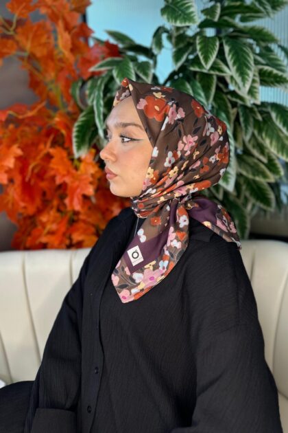 Bahar Desen Pamuk İpek Eşarp-13001-Kahve