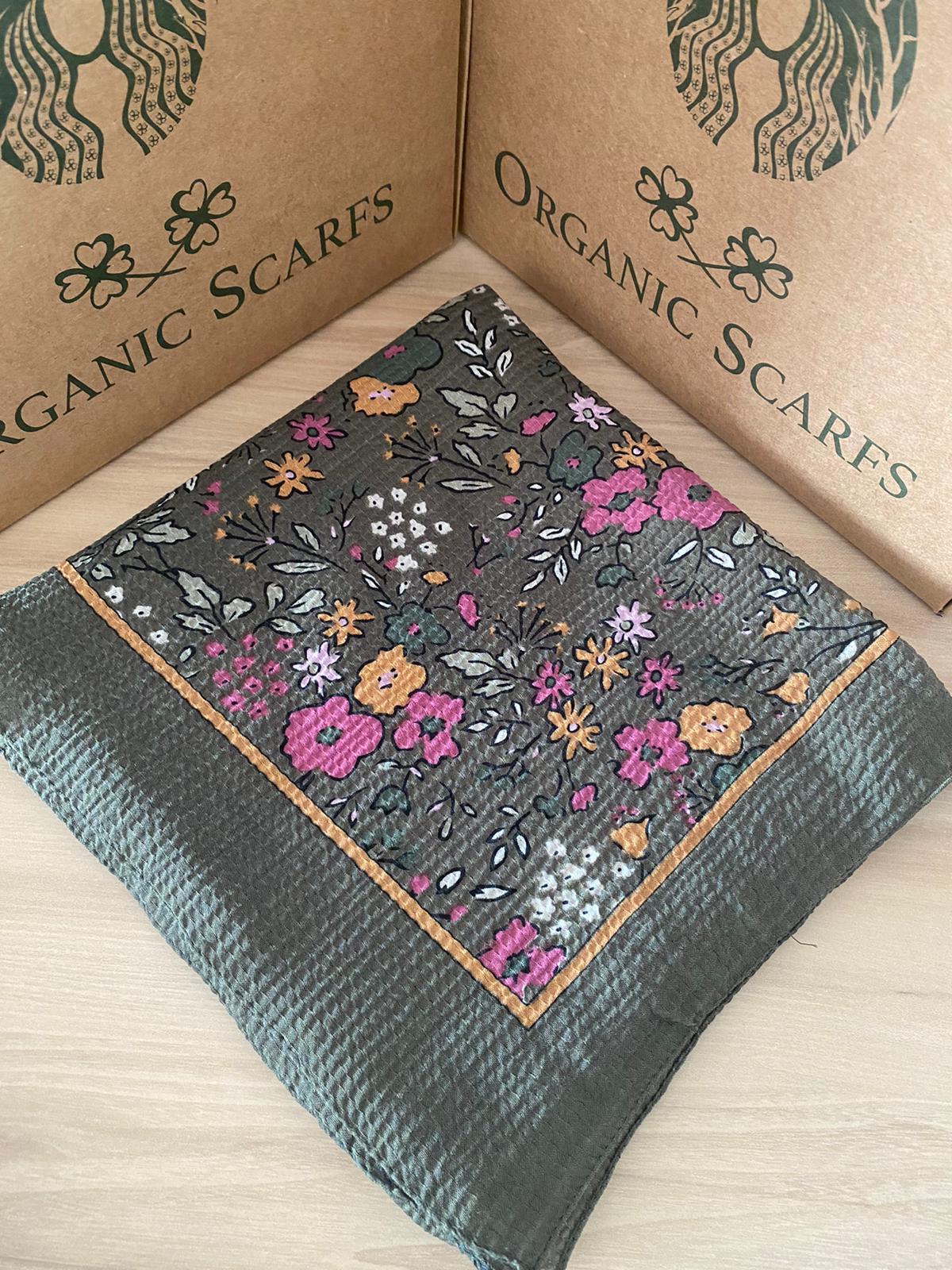Mio Cazz Çiçek Desenli Eşarp - Haki - Organic ScarfsOrganic Scarfs