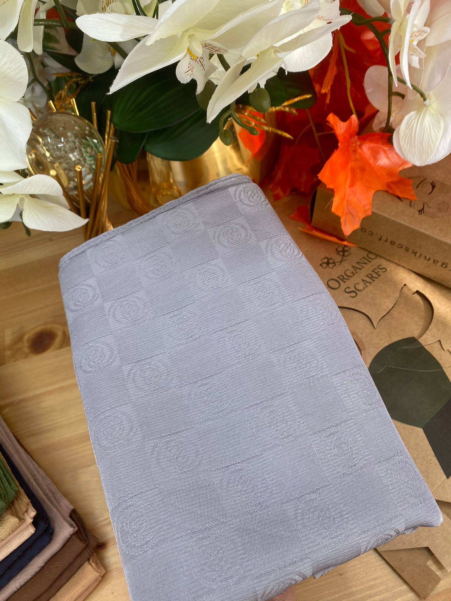 Monogram Desen Pamuk İpek Jakar Şal - Gri - Organic ScarfsOrganic Scarfs