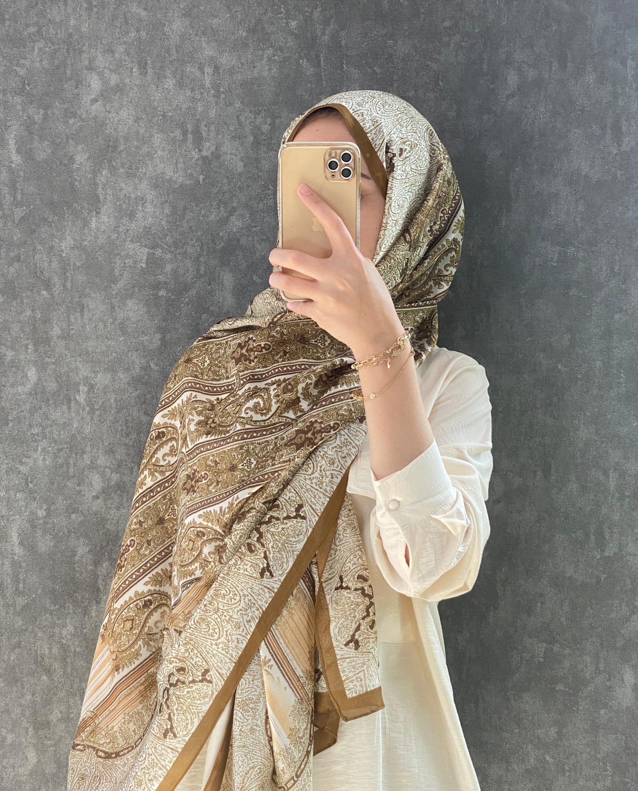Yeni Sezon İthal Etnik Desen Hint İpeği Şal - Camel
