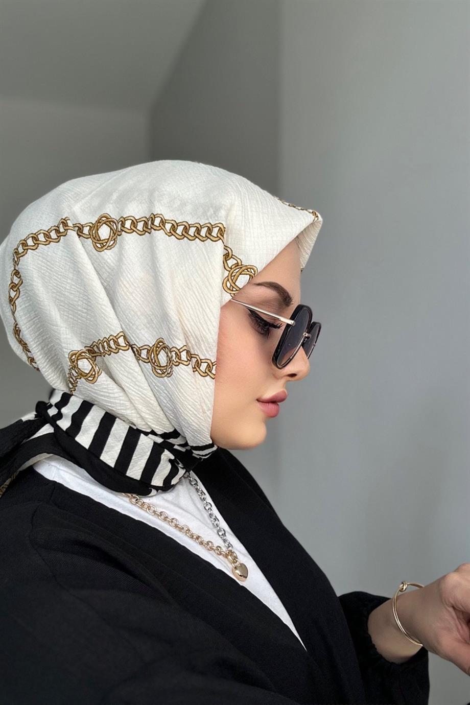 Zincir Desenli Mio Cazz Eşarp - Beyaz - Organic ScarfsOrganic Scarfs